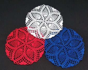 pineapple red blue white round crochet doily 7"-handmade decor-christmas napkin-christmas doilies-crochet doilies-independence day gift