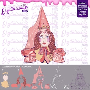 Puede incluir: Ilustración digital de una mujer con sombrero y corona rosa, con un lazo en el cuello. La imagen incluye el texto "Digitalicious JOY" y "Descarga instantánea, se puede cortar o imprimir en cualquier tamaño."