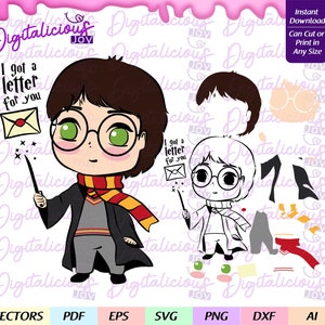 Mignon harry p chibi vecteur, dxf, svg, clipart, magie, lettre, garçon, fête, décoration, baguette magique volante personnage wiard lettre magique, école de magie