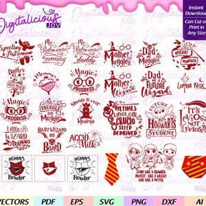 Paquete de 26 frases mágicas para bebés, varitas, magos, pociones, mandrágora para bebés, escuela de letras mágicas, padres geek, búho, svg, cricut, cameo