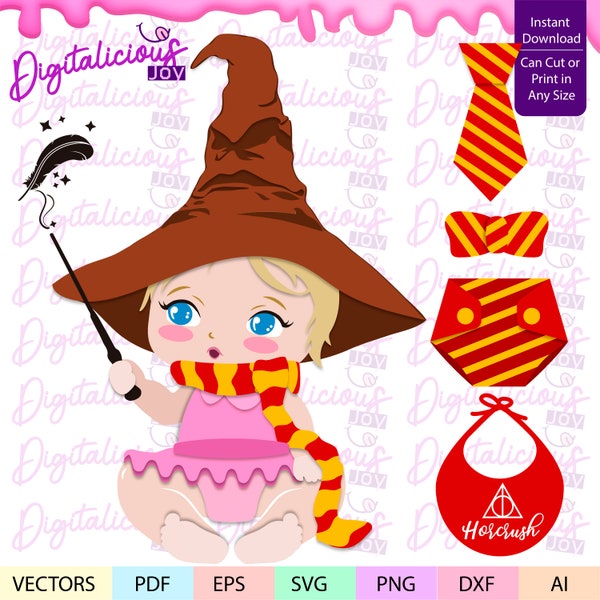 magical witch Wizard Baby girl,  wand, levitation feather, papercraft, svg cricut cameo, MAGIC WITCH hat hp, magical school scarf