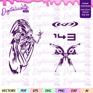 May include: Purple digital design featuring a stylised angel with wings, a butterfly with dripping paint, and the number 143. The design is suitable for use as a digital download for crafting projects.