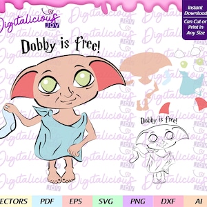 May include: A digital cut file of a cartoon Dobby the house-elf from the Harry Potter series. Dobby is holding a sock in his right hand and has a light blue dress on. The image is in black and white and has the text "Dobby is free!" on it.