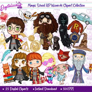 Paquete de 22 imágenes prediseñadas de la escuela mágica de magos y brujas: personajes de la amistad del mago con mascotas mágicas, elfos, lindas ilustraciones en estilo chibi
