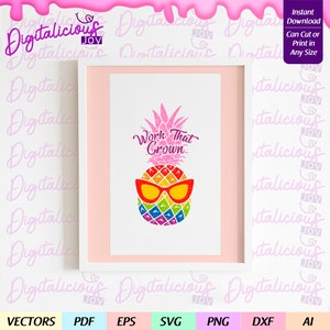 May include: A digital download of a printable design featuring a pink pineapple with rainbow colors and sunglasses. The pineapple has the text "Work That Crown" above it.