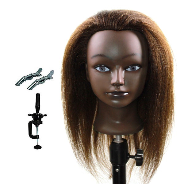 Afro American Woman Cosmetology Mannequin Manikin Human Hair Dolls Head with Free Clamp