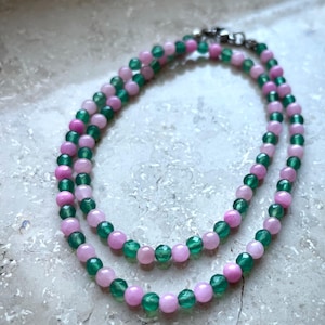 Natursteinkette Rosa Grün Jade Achat 46cm Edelstahl Verschluss Unikat