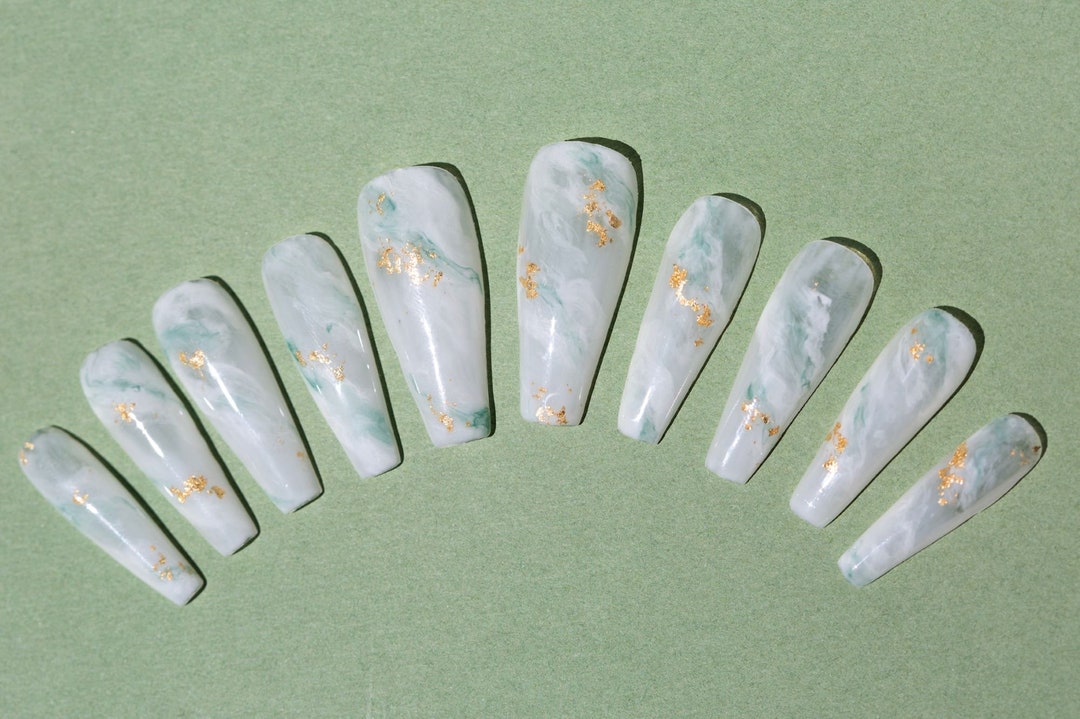 Jade Marble Nails Marble Gel Nails Coffin Nails Jade Nails White Marble Press on Nails Hand