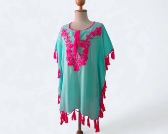 Women's Floral Hand Embroidery Tassel Blouse, Boho Style Top