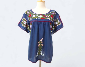 Women's Floral Hand Embroidered Top, Mexican Embroidery Blouse, Oaxacan Peasant Blouse