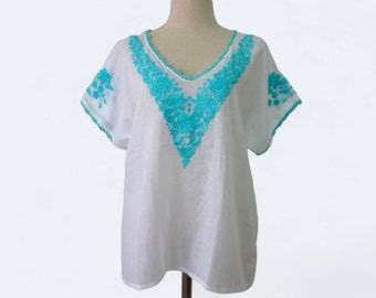 Women's Floral Hand Embroidered Peasant Blouse, Oaxacan Top, Short Sleeve Top - White