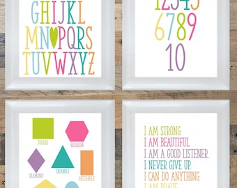Home Schule/Playroom Wandkunst digitaler Download. Kinderzimmer Dekor; Alphabet, Formen, Zahlen, Inspiration