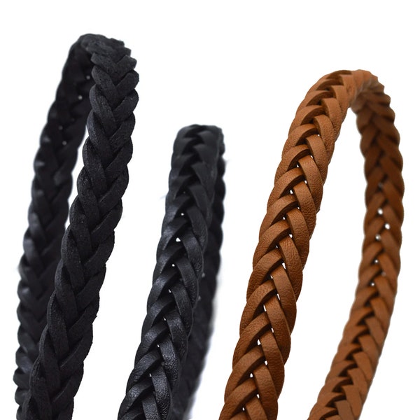 Flat Braided Genuine Leather Cord (12.5x6 mm) - 1.1 Yard Handmade 3 Ply Braided Real Leather String for Bracelets, Belt, Keychain, DIY Craft