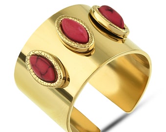 13mm Red Coral Wide Band Ring - Adjustable Ring - 14K Gold Plated Stainless Steel Ring - Yellow Gold Tree Stone Forefinger Ring for Women