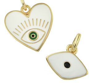 Weiß Emaille Evil Eye Anhänger - Vergoldeter Herz Anhänger für Armband - Liebesanhänger, Glücksbringer für Halskette - Gelbgold Anhänger