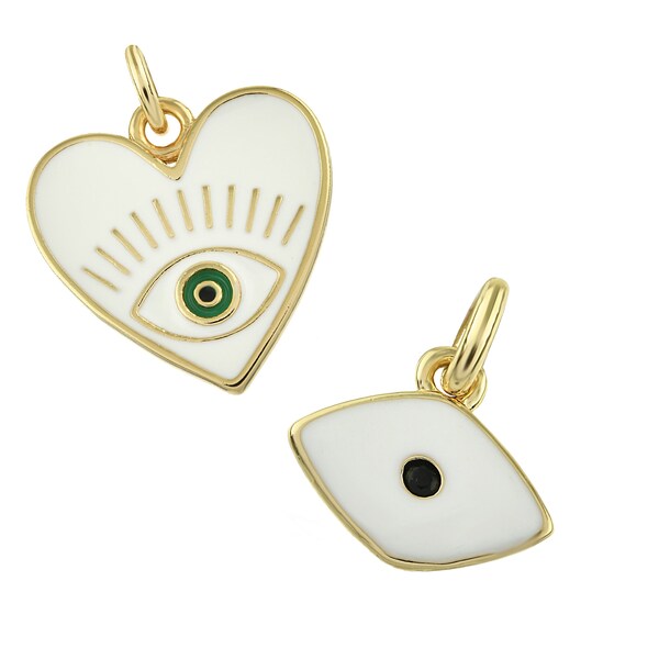 White Enamel Evil Eye Charms - Gold Plated Heart Charm for Bracelet - Love Charms, Good Luck Charms for Necklace - Yellow Gold Charm