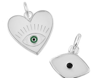 White Enamel Evil Eye Charms - Silver Plated Heart Charm for Bracelet - Love Charms, Good Luck Charms for Necklace - White Charm
