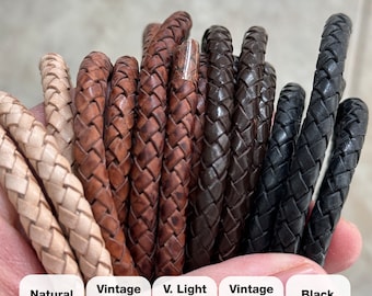 Braided Genuine Leather Cord 6mm Round 1.1 Yards - Folded Bolo Real Leather Strap for Bracelet, Necklace, Bolo Tie, Craft and Jewelry Making