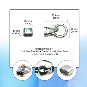 Bracelet Clasp Set, Hook Connector and Slider Bead Stainless Steel Bracelet Supplies, Hook Clasp for Leather Bracelet, DIY Jewelry for Men image 2