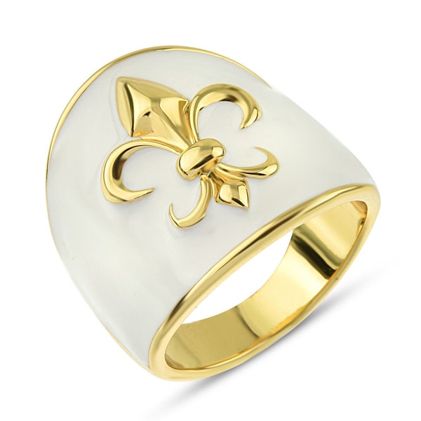 Bague tendance fleur de lys - Bague de cocktail en laiton plaqué or 14 carats émaillé blanc - Grand anneau pour femme - Bague fleur d'iris