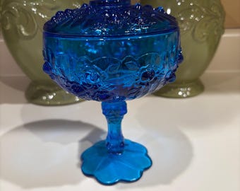 Dulcera vintage Fenton Colonial Blue Cabbage Rose Footed