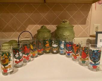 Colección de vasos de cristal vintage de los doce días de Navidad: juego de 12 vasos de cristal