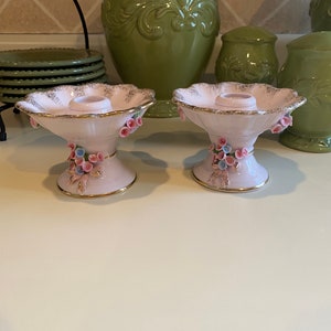 Lefton Vintage Pink and Gold Floral Candlestick Holders - Set of Two