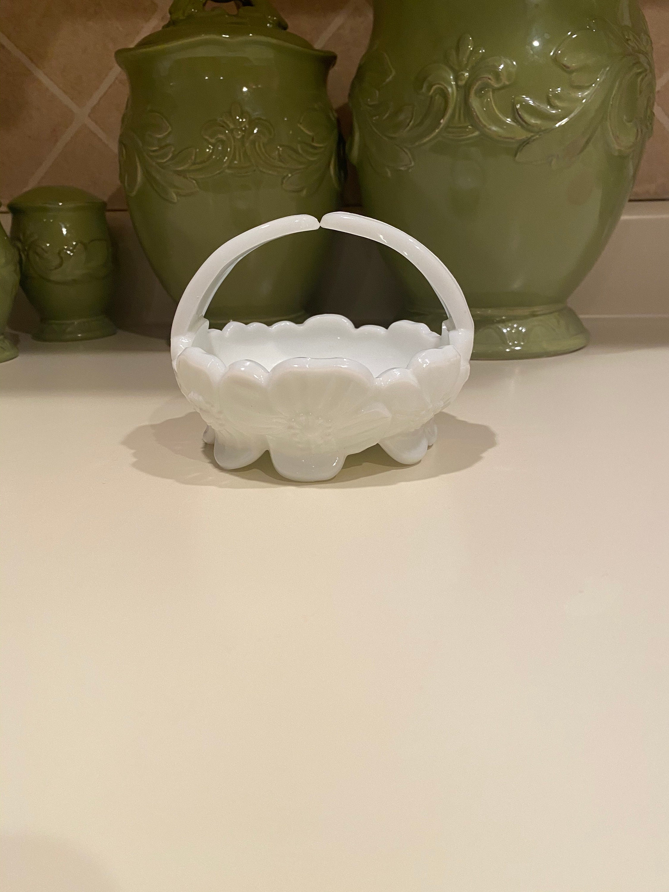 vintage Westmoreland milk glass candy dish, ball and swirl