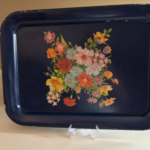 Vassoio da portata vintage in metallo blu - Blu con fiori colorati