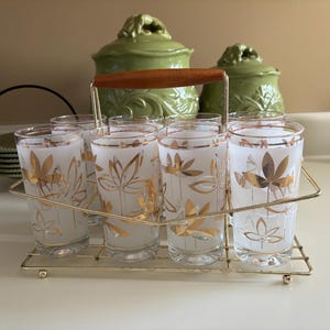Vintage MCM Gold Leaf Libbey Glass Co Highball Glasses - Set of 8 w/ carrier