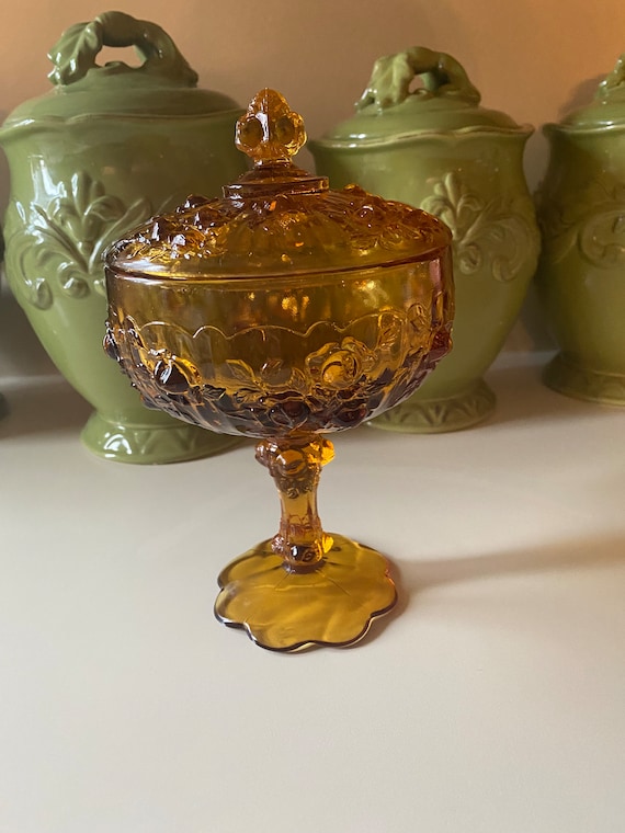 Fenton Amber Cabbage Rose Footed Vintage Candy Dish