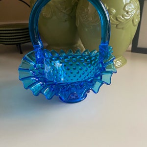 Fenton Colonial Blue Fluted Hob Nail Glass Basket - Small