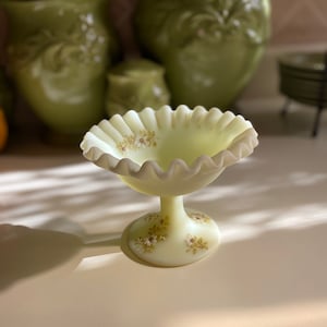 Fenton Custard Satin  Ruffled Edge Candy Dish - Hand Painted