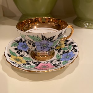 Rosina Bone China Colorful Floral Vintage Teacup and Saucer- RARE