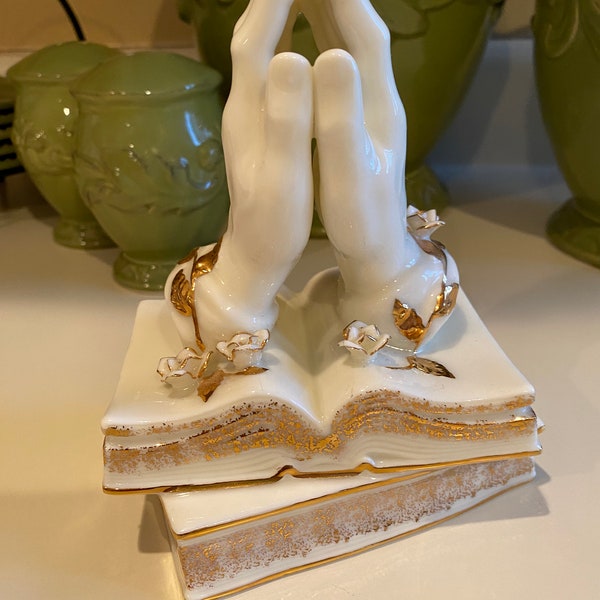 Lefton Vintage Ceramic Praying Hands Music Box - Plays the Lord's Prayer