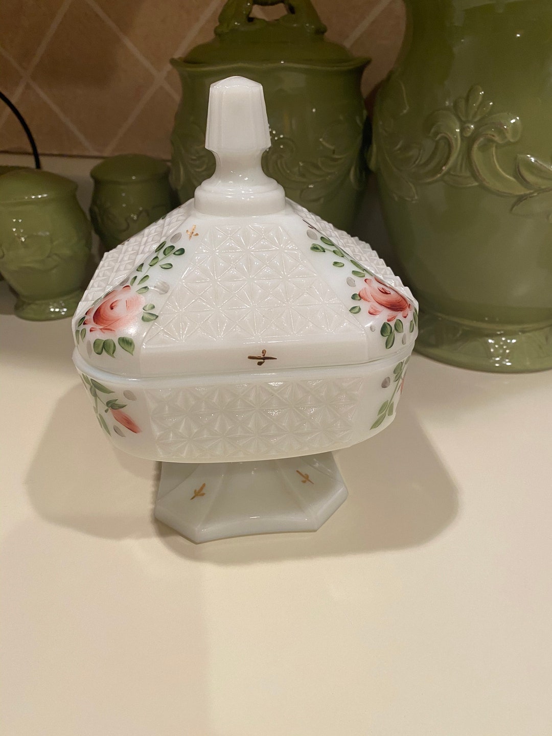 Vintage Hand Painted Milk Glass Candy Dish Etsy