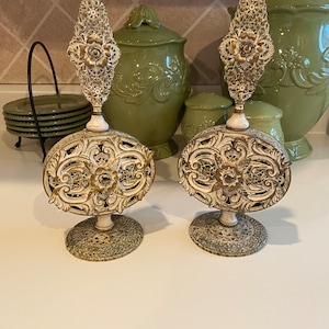 Ornate Vintage Ormolu Perfume Bottle Powder Box Vanity Set