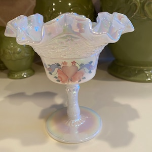 Fenton Hand Painted Vintage Opalescent White Compote