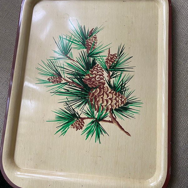 Pair of Large Vintage Soft Yellow /creamy Metal Trays - Pine Cones