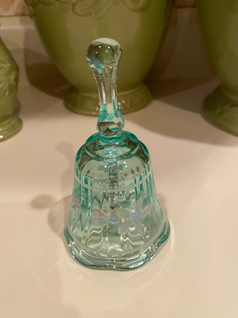 Fenton Art Glass Bell Green With Handle Hand Painted Etsy