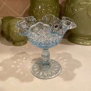 Fenton Fine Cut Block Footed Compote Pedestal Candy Dish - Light Blue