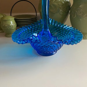Fenton Colonial Blue Fluted Hob Nail Glass Basket - Large