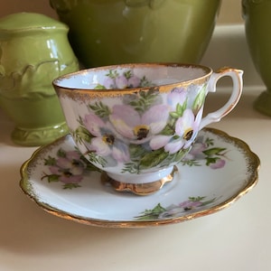 Japan Gold Rim White and Pink Floral Vintage Teacup and Saucer