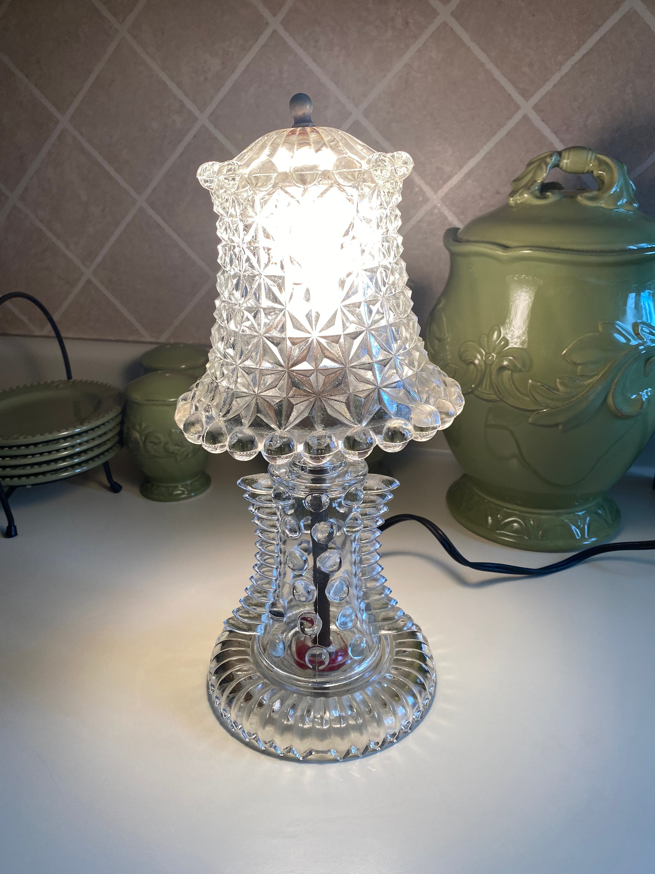 Hobnail and Patterned Glass Dresser  Lamp Vintage