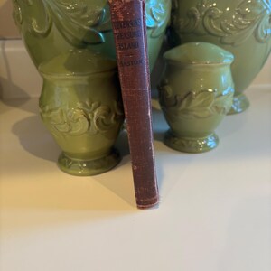 May include: A vintage copy of "Stevenson's Treasure Island" book with a worn, maroon cover. The book is standing upright, showcasing its spine with visible text. The background includes green decorative vases.