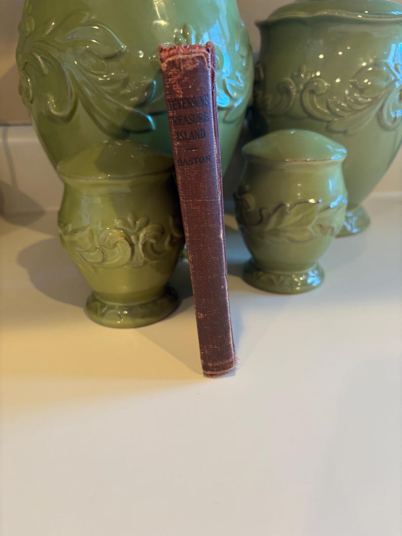 May include: A vintage copy of "Stevenson's Treasure Island" book with a worn, maroon cover. The book is standing upright, showcasing its spine with visible text. The background includes green decorative vases.