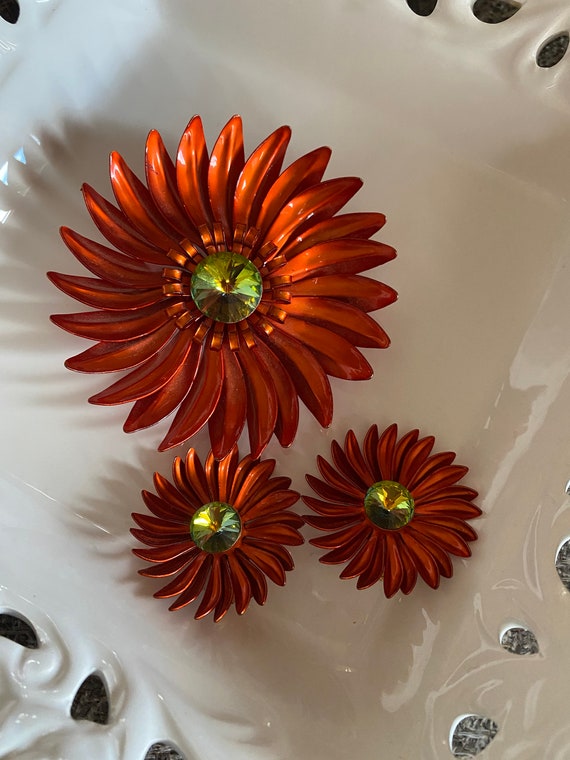 Orange Flower Pin and Earring Set Etsy