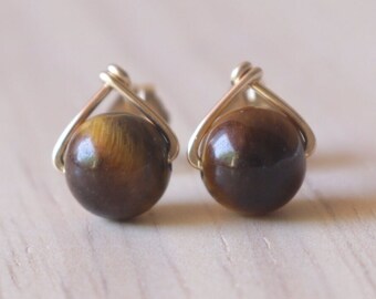 Tiger Eye Studs, Tiger Eye Earrings, Circle Studs, 14K Gold Tigers Eye Earrings, Stud Earrings Tiger Eye