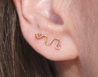May include: A gold snake-shaped ear cuff earring. The earring is made of thin wire and is worn in the upper part of the ear.