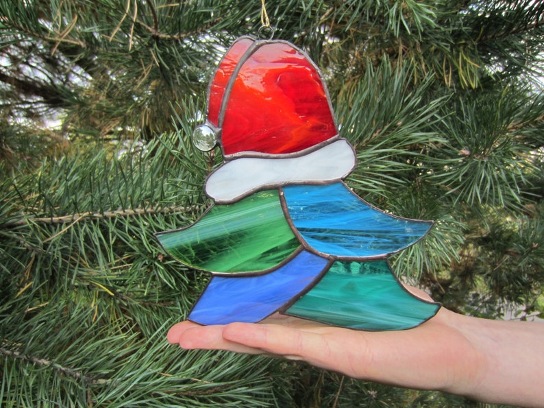 Patio or Garden Santa Claus Hat Christmas Tree Stained Glass Tiffany Suncatcher Christmas Decoration Red Green Handwork for Home Decoration